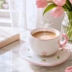 طقم مج سيراميك 300 مل مع طبق بتصميم توليب بينك ومقبض مميز للمشروبات الساخنة