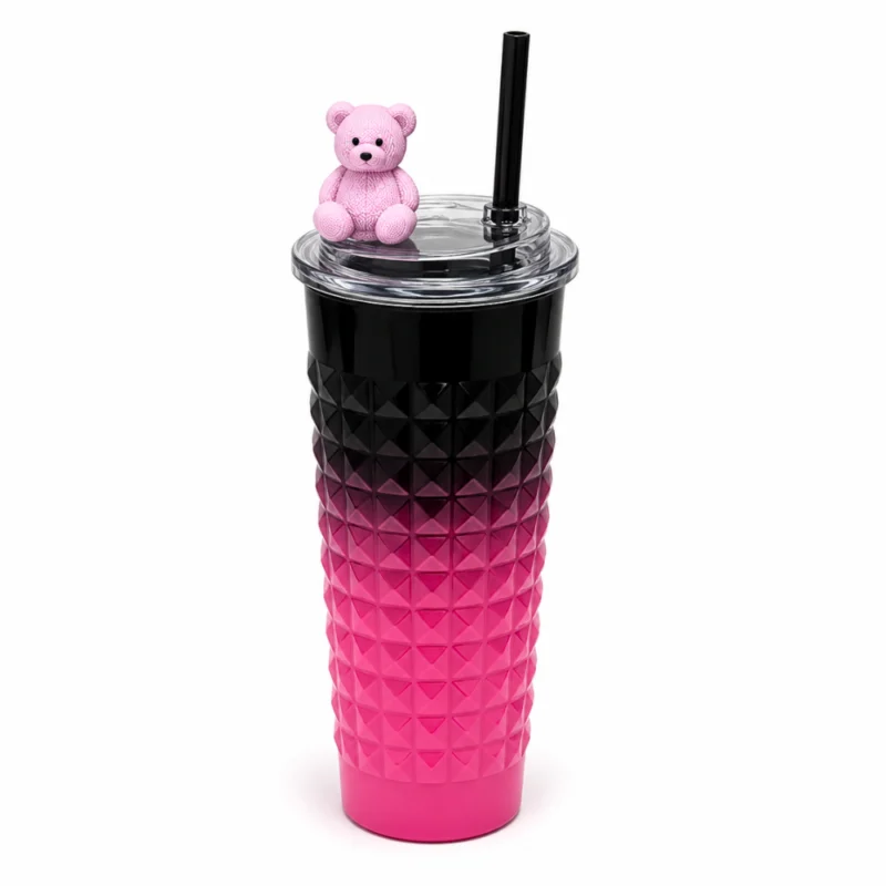 مج حراري ستانلس ستيل 600 مل بينك وأسود بغطاء وشفاطة وتصميم متدرج مع دب لطيف