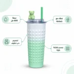 مج حراري ستانلس ستيل 600 مل باللون الأبيض والمنت بغطاء وشفاطة وتصميم دب لطيف - الصورة 2