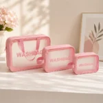 طقم شنط تنظيم للمكياج والسفر 3 قطع شفافة بمقاسات مختلفة – بينك WASHBAG