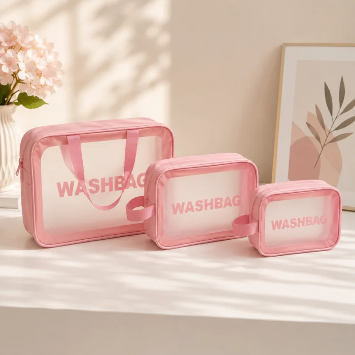 طقم شنط تنظيم للمكياج والسفر 3 قطع شفافة بمقاسات مختلفة – بينك WASHBAG