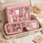 ⁦طقم شنط تنظيم للمكياج والسفر 3 قطع شفافة بمقاسات مختلفة – بينك WASHBAG⁩ - الصورة ⁦5⁩