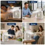 مروحة رذاذ مياه محمولة بيضاء بـ 5 فتحات رذاذ و3 سرعات – إضاءة LED وشحن USB Type-C ومقبض للحمل - الصورة 8
