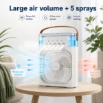 مروحة رذاذ مياه محمولة بيضاء بـ 5 فتحات رذاذ و3 سرعات – إضاءة LED وشحن USB Type-C ومقبض للحمل - الصورة 6