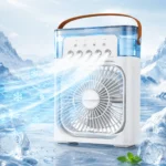 مروحة رذاذ مياه محمولة بيضاء بـ 5 فتحات رذاذ و3 سرعات – إضاءة LED وشحن USB Type-C ومقبض للحمل - الصورة 4