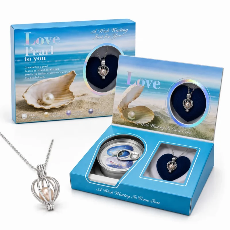هدية اللؤلؤة المفاجأة Love Pearl تركواز بتصميم البحر 18×10 سم – محارة حقيقية مع سلسلة وقلادة