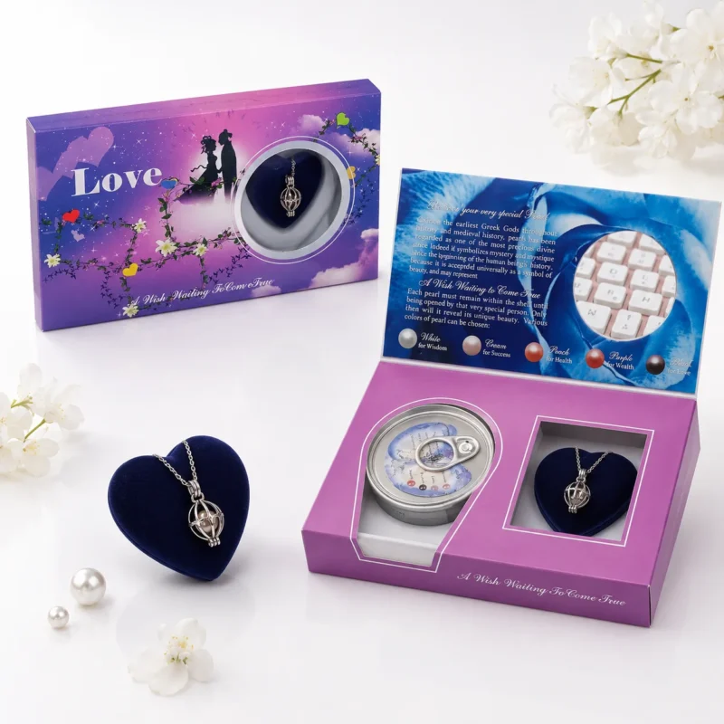 هدية اللؤلؤة المفاجأة Love Pearl موف 18×10 سم بتصميم رومانسي – محارة حقيقية مع قلادة وسلسلة