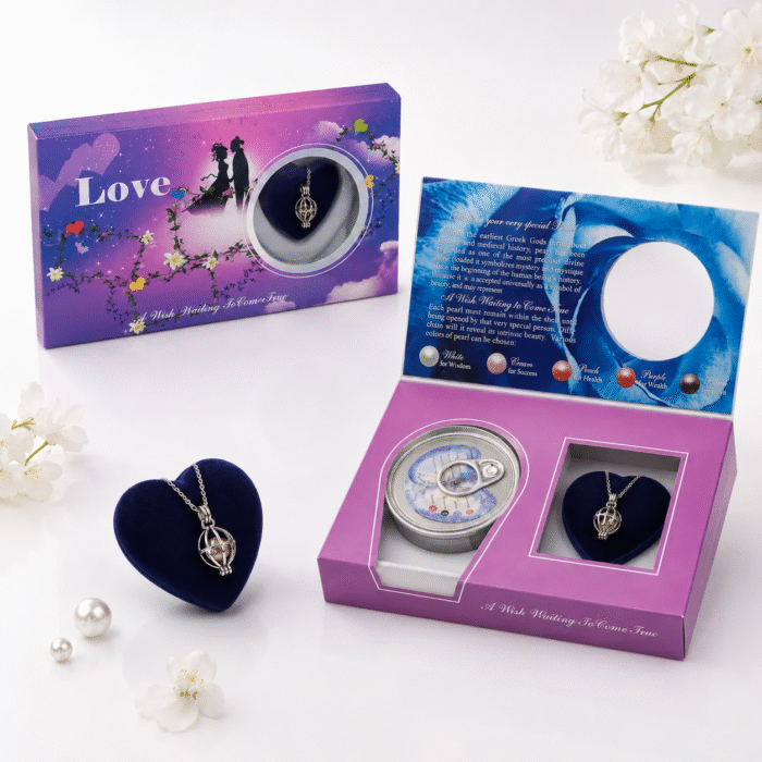 هدية اللؤلؤة المفاجأة Love Pearl موف 18×10 سم بتصميم رومانسي – محارة حقيقية مع قلادة وسلسلة