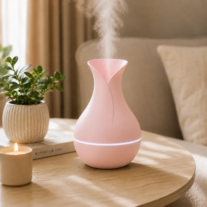 فواحة عطر كهربائية بينك من البلاستيك USB بتصميم فازة أنيق – فواحة رذاذ للمنزل والمكتب ارتفاع 15 سم
