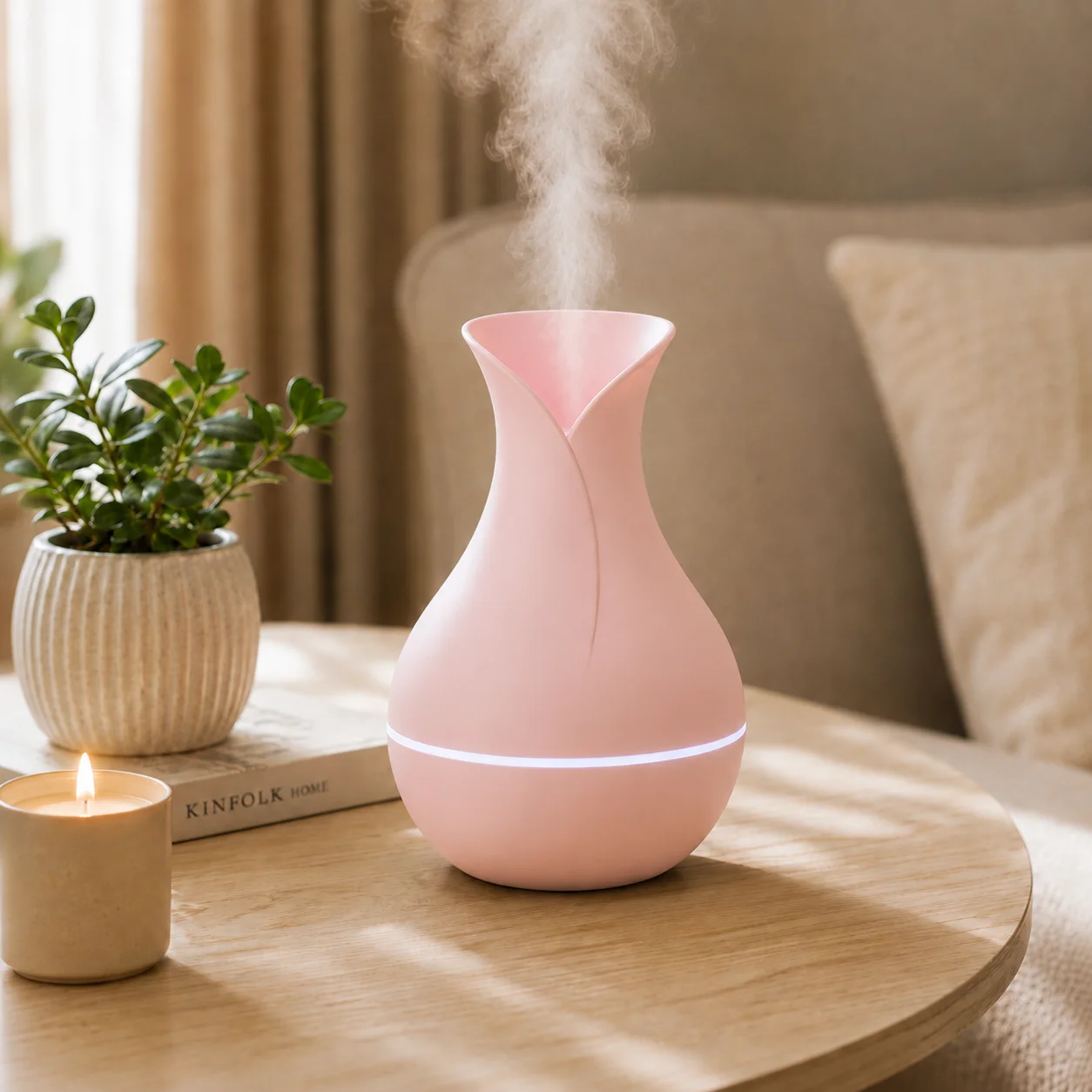 30439-2 فواحة عطر كهربائية بينك من البلاستيك USB بتصميم فازة أنيق – فواحة رذاذ للمنزل والمكتب ارتفاع 15 سم