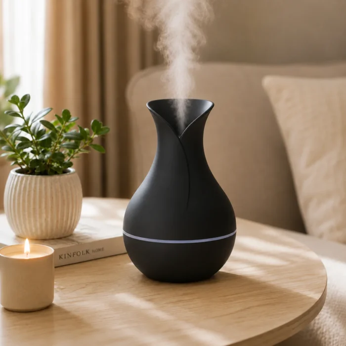 فواحة عطر كهربائية سوداء من البلاستيك USB بتصميم فازة أنيق – فواحة رذاذ للمنزل والمكتب ارتفاع 15 سم