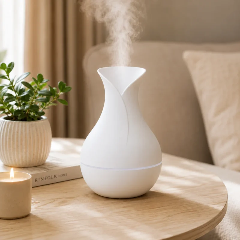 فواحة عطر كهربائية بيضاء من البلاستيك USB بتصميم فازة أنيق – فواحة رذاذ للمنزل والمكتب ارتفاع 15 سم