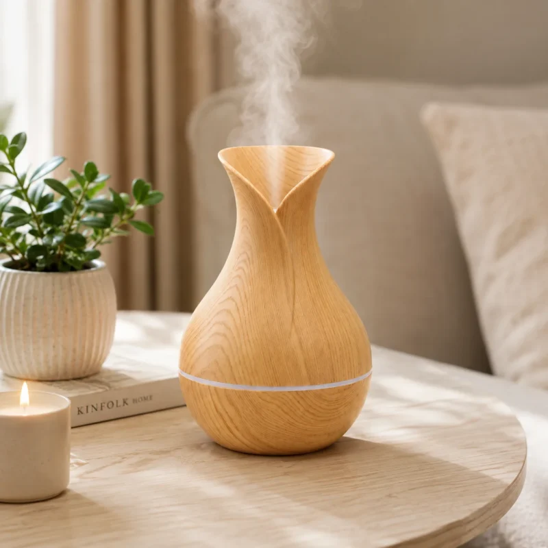 فواحة عطر كهربائية بتصميم خشبي من البلاستيك USB – فواحة رذاذ للمنزل والمكتب بارتفاع 15 سم