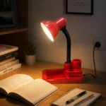 أباجورة مكتب متعددة الوظائف أحمر بمنظم أقلام ورقبة مرنة 40 وات للمذاكرة والعمل - الصورة 2