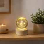 أباجورة كرة كريستال 3D بتصميم قمر ورائد فضاء وإضاءة دافئة بقاعدة خشبية وتشغيل USB