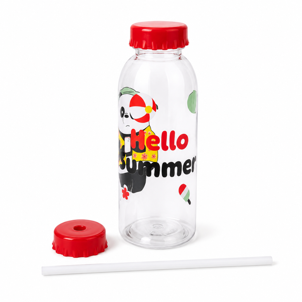 زجاجة 500 مل باندا اسود (3) زجاجة مياه شفافة 500 مل بتصميم باندا Hello Summer مع غطاء لولبي وشفاطة للاستخدام اليومي