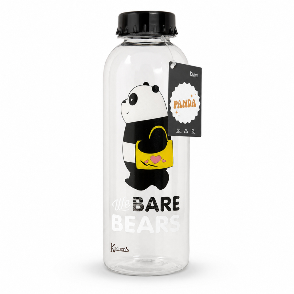زجاجة 700 مل باندا اسود (1) زجاجة مياه شفافة 700 مل بتصميم We Bare Bears باندا وغطاء لولبي أسود للاستخدام اليومي