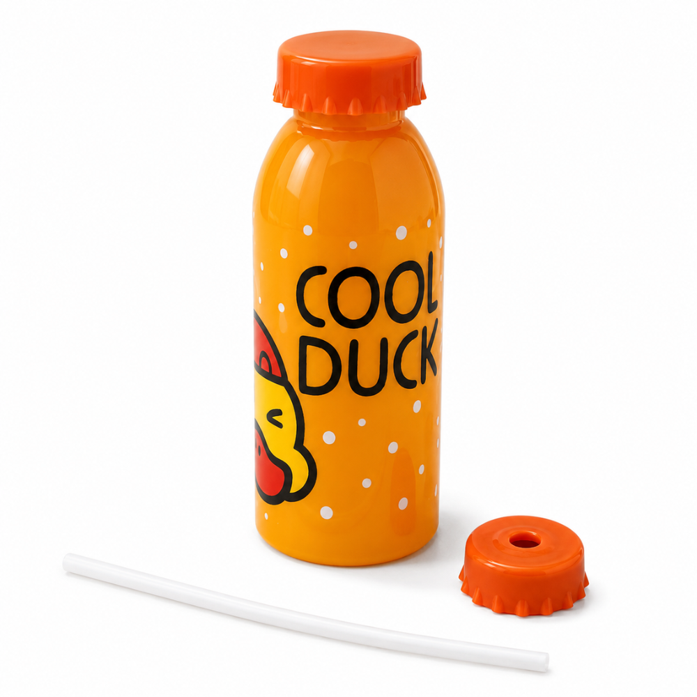 زجاجة بطوط 500 مل (1) زجاجة مياه أطفال 500 مل بتصميم COOL DUCK برتقالي مع غطاء للشفاطة وشفاطة مرفقة