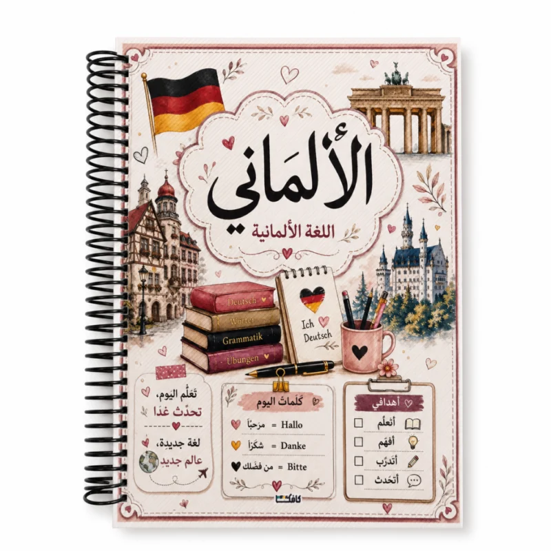 كشكول اللغة الألمانية مقاس A4 بسلك جانبي و100 ورقة مسطرة بغلاف جلوسي – تصميم تعليمي أنيق للطلاب