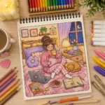 ⁦كتاب تلوين Comfy Girl Life كيوت 50 صفحة بسلك مع ورقة كوشيه حماية – رسومات متنوعة للتلوين والاسترخاء⁩ - الصورة ⁦5⁩