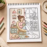 ⁦كتاب تلوين Comfy Girl Life كيوت 50 صفحة بسلك مع ورقة كوشيه حماية – رسومات متنوعة للتلوين والاسترخاء⁩ - الصورة ⁦3⁩