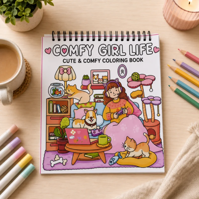 كتاب تلوين Comfy Girl Life كيوت 50 صفحة بسلك مع ورقة كوشيه حماية – رسومات متنوعة للتلوين والاسترخاء