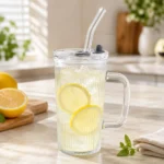 ⁦مج زجاج مخطط بغطاء وشفاط زجاج – 250 مل - كوب شفاف للمشروبات الباردة والعصائر والآيس كوفي⁩ - الصورة ⁦3⁩