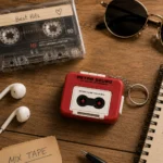 ميدالية ميني كاسيت ريترو Retro Sound باللون الأحمر بخاصية تسجيل وتشغيل الصوت وميدالية معدنية