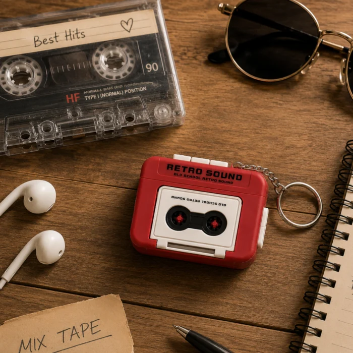 ميدالية ميني كاسيت ريترو Retro Sound باللون الأحمر بخاصية تسجيل وتشغيل الصوت وميدالية معدنية