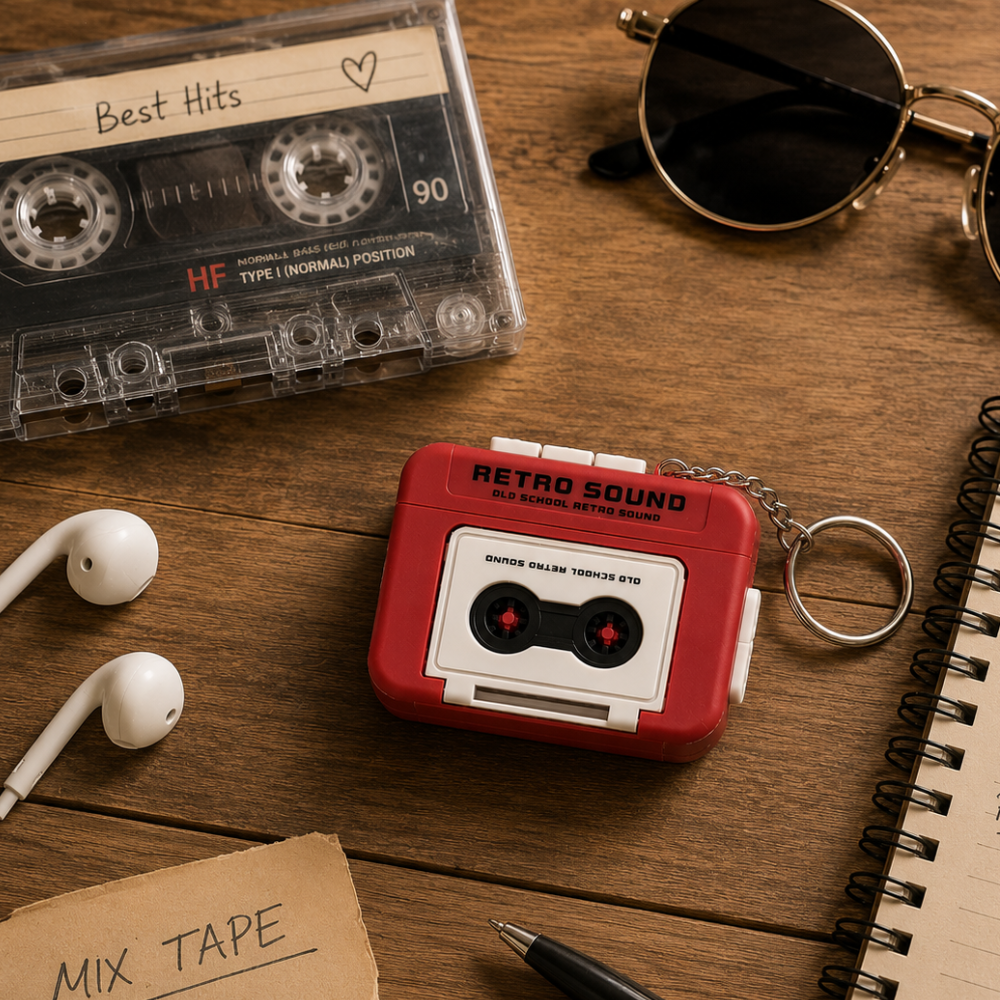 ميدالية راديو احمر (2) ميدالية ميني كاسيت ريترو Retro Sound باللون الأحمر بخاصية تسجيل وتشغيل الصوت وميدالية معدنية