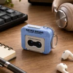 ميدالية ميني كاسيت ريترو Retro Sound باللون السماوي بخاصية تسجيل وتشغيل الصوت وميدالية معدنية.