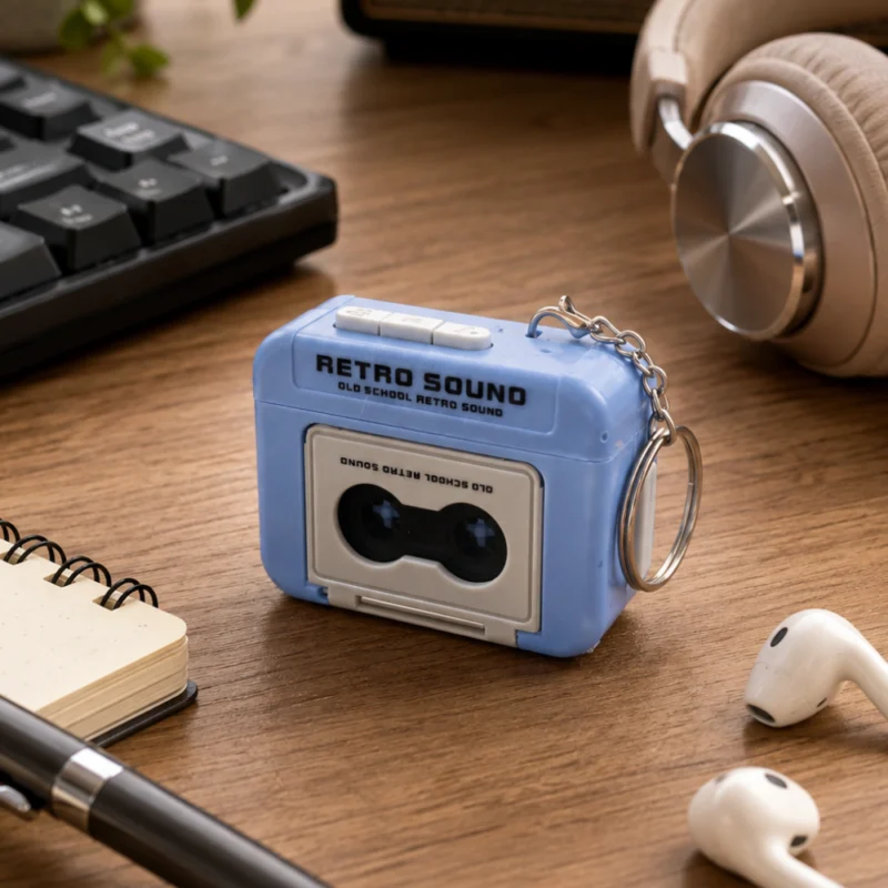 ميدالية ميني كاسيت ريترو Retro Sound باللون السماوي بخاصية تسجيل وتشغيل الصوت وميدالية معدنية.