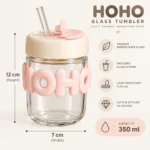 كوب زجاج HOHO سعة 350 مل بغطاء بيج وبينك وشفاط وتصميم كيوت ثلاثي الأبعاد – 12 × 7 سم - الصورة 2