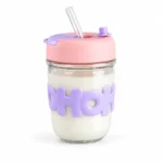 كوب زجاج HOHO سعة 350 مل بغطاء بينك وموف، وشفاط زجاج وحروف مجسمة ثلاثية الأبعاد. تصميم كيوت للآيس كوفي والعصائر بمقاس 12 × 7 سم. - الصورة 2