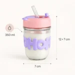 كوب زجاج HOHO سعة 350 مل بغطاء بينك وموف، وشفاط زجاج وحروف مجسمة ثلاثية الأبعاد. تصميم كيوت للآيس كوفي والعصائر بمقاس 12 × 7 سم. - الصورة 3
