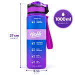 زجاجة مياه رياضية Hello سعة 1 لتر أزرق وموف بجدول تذكير للشرب وغطاء قفل وحزام حمل – 27 × 8 سم - الصورة 3