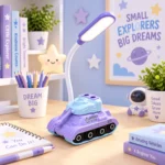 أباجورة مكتب أطفال بتصميم دبابة بنفسجي وأزرق LED – ذراع مرن – ارتفاع 28 سم وعرض 10 سم
