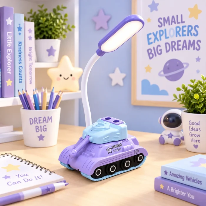 أباجورة مكتب أطفال بتصميم دبابة بنفسجي وأزرق LED – ذراع مرن – ارتفاع 28 سم وعرض 10 سم