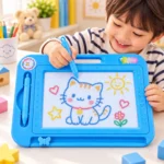 ⁦- سبورة رسم مغناطيسية للأطفال أزرق بقلم وممسحة فراشة – مقاس 26 × 18 سم⁩ - الصورة ⁦2⁩