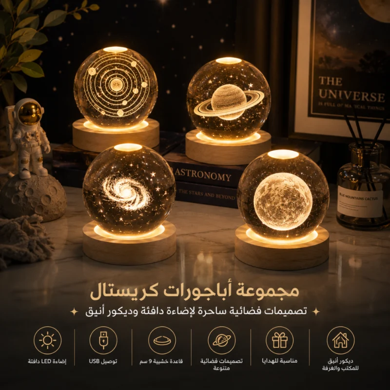 أباجورة كرة كريستال 3D بتصميمات فضائية متنوعة – إضاءة LED دافئة بقاعدة خشبية 9 سم وتوصيل USB