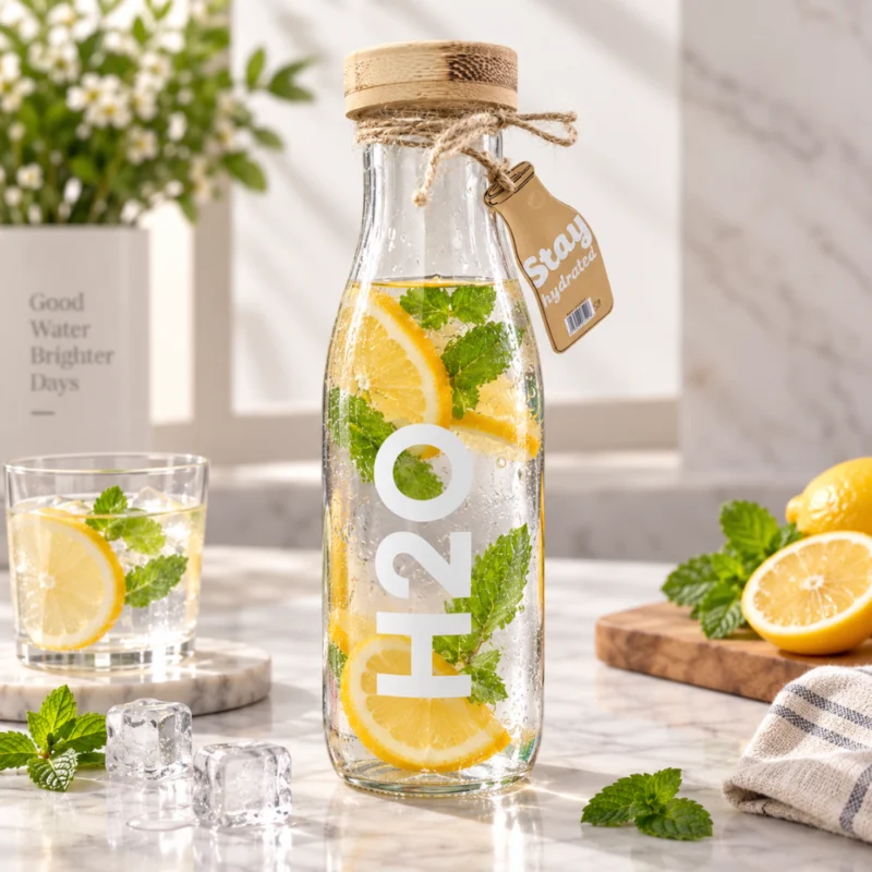 زجاجة مياه زجاج H2O سعة 1 لتر بغطاء خشبي – للمياه والعصائر والتقديم الأنيق