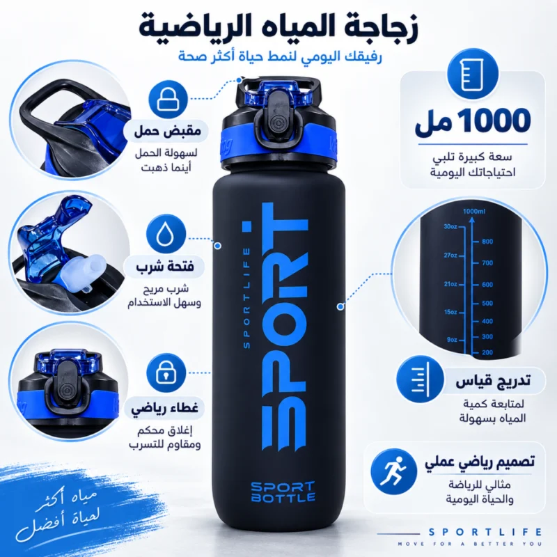 زجاجة مياه رياضية 1000 مل أسود وأزرق بغطاء محكم قياس ومقبض حمل