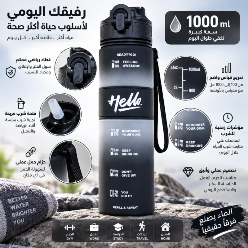 زجاجة مياه رياضية 1000 مل أسود