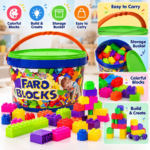 ⁦صندوق مكعبات بناء ملونة للأطفال FARO بيد حمل وغطاء للتخزين – لعبة تركيب وإبداع⁩ - الصورة ⁦2⁩