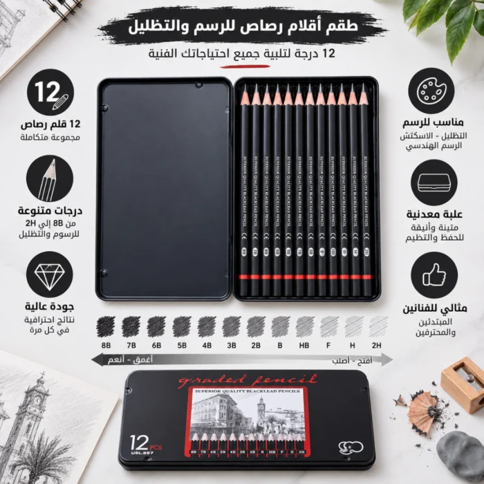 طقم أقلام رصاص للرسم والتظليل 12 درجة من 8B إلى 2H