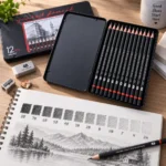 ⁦طقم أقلام رصاص للرسم والتظليل 12 درجة من 8B إلى 2H بعلبة معدنية سوداء – USL.967⁩ - الصورة ⁦3⁩