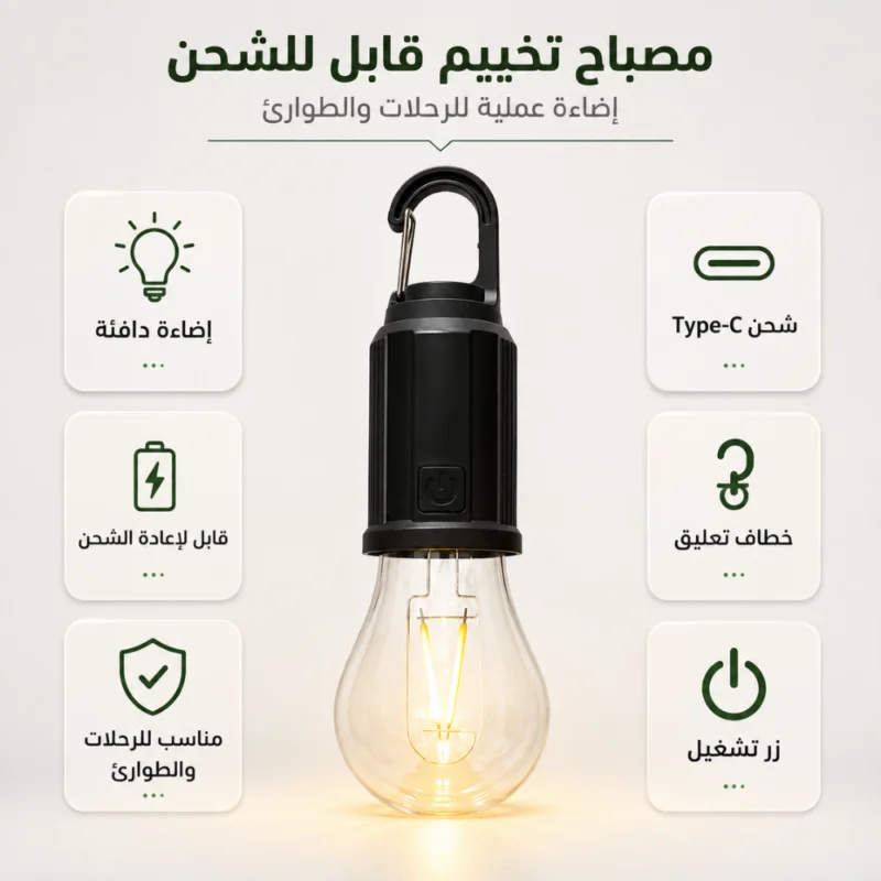 مصباح تخييم قابل للشحن Type-C بخطاف تعليق – إضاءة دافئة