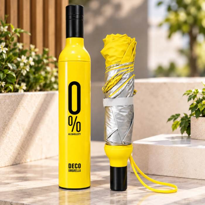 مظلة شمس ومطر قابلة للطي أصفر بتصميم زجاجة وطبقة داخلية فضية عاكسة