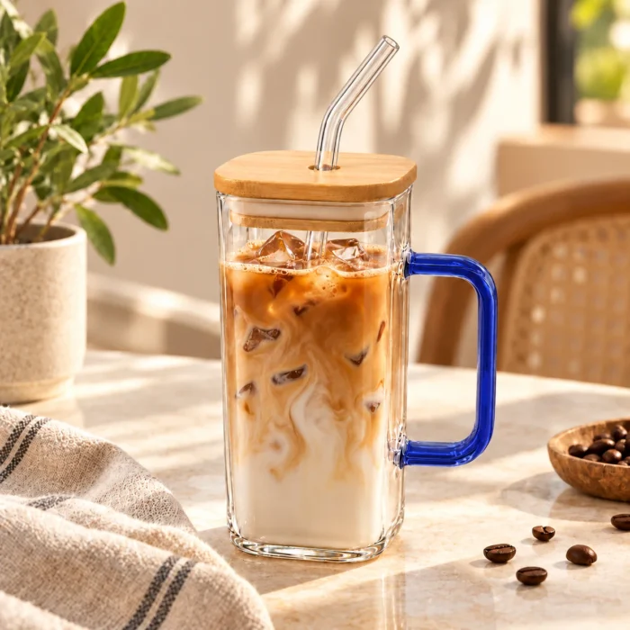 مج زجاج شفاف بغطاء