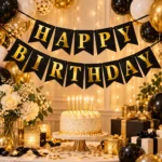 ⁦فرع زينه Happy Birthday حروف ذهبية باللون الأسود أبعاد الحرف 17*12 سم⁩ - الصورة ⁦3⁩